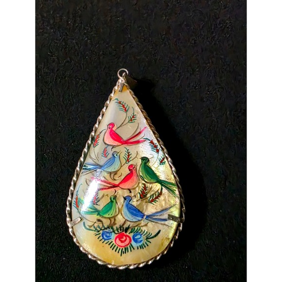 Middle Eastern Persian Hand Painted Shell Double Sided Pendant Tear Drop 2in - Picture 2 of 6